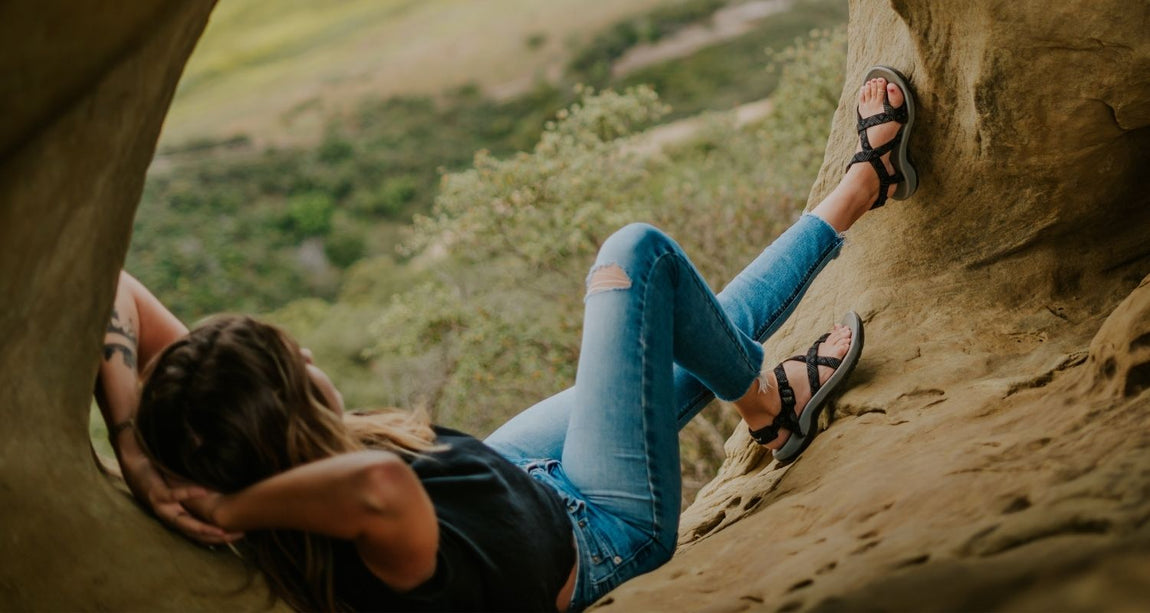 Woman in cave with cute sandals